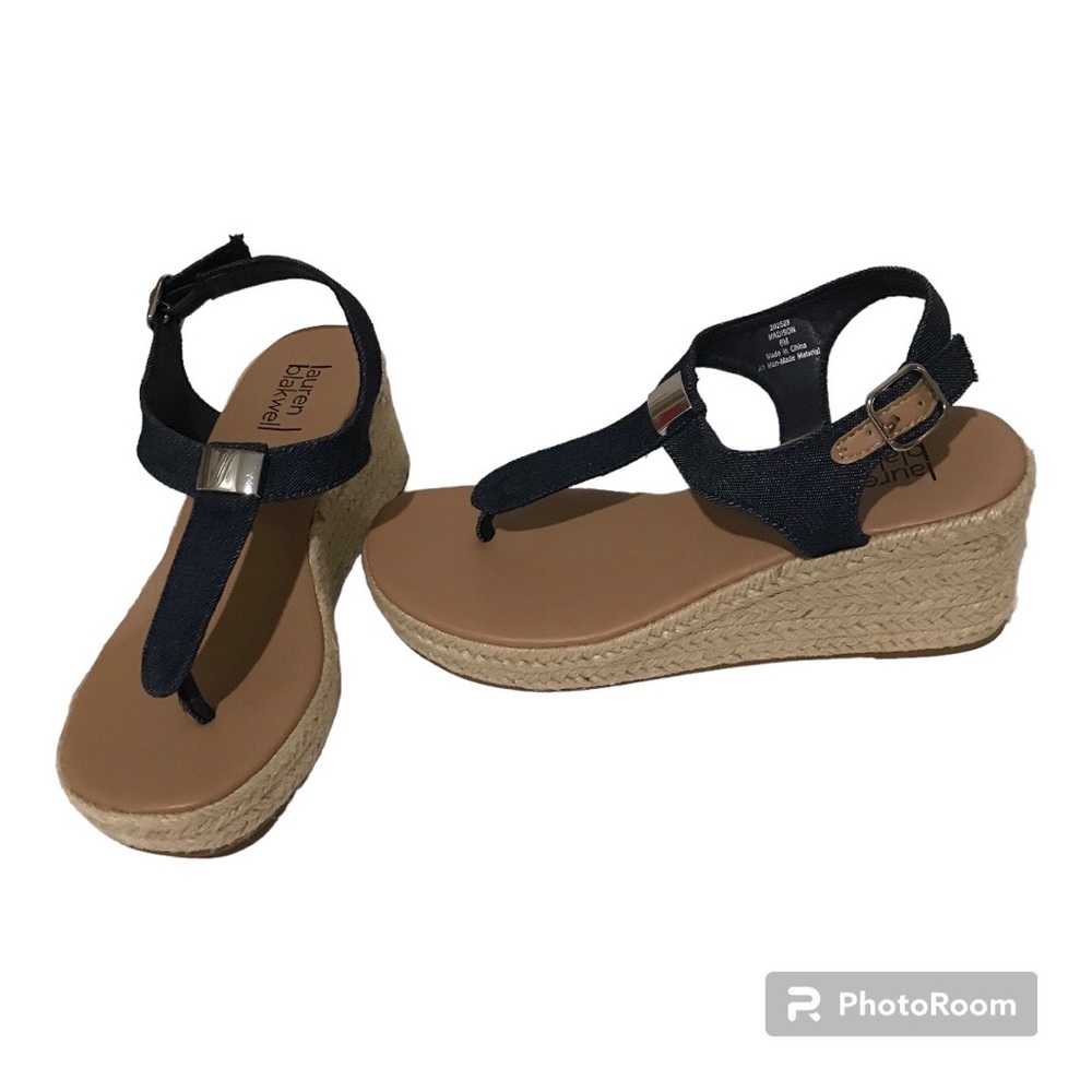 Lauren Blakwell NWOT Denim T-Strap Thong Wedge Espadrille Sandals